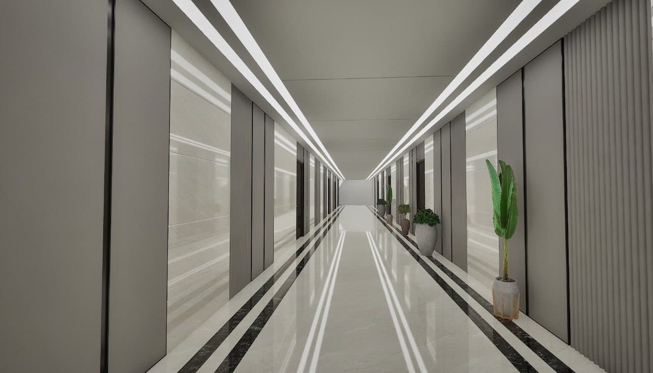 Residential corridor at SBS Tower with recessed doorways and planting