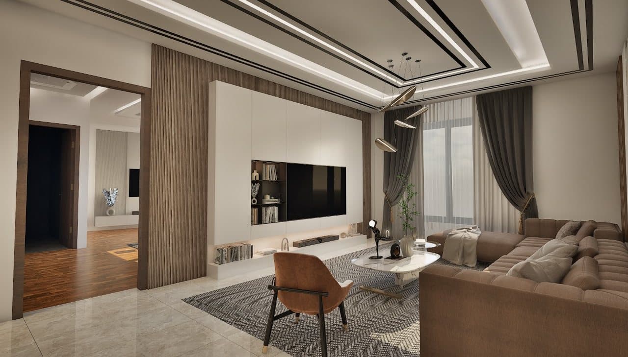 SBS Tower living room with a full-width media wall and integrated shelving