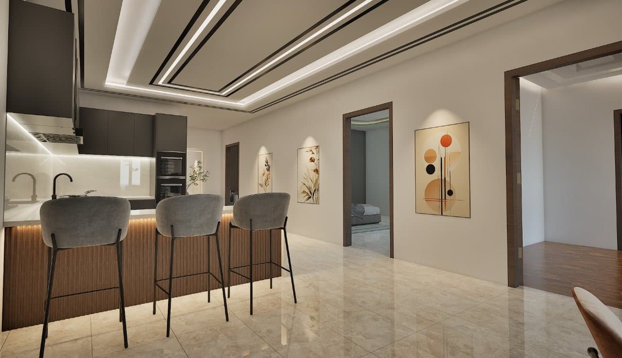Open-plan living and dining area at SBS Tower with a recessed lighting ceiling
